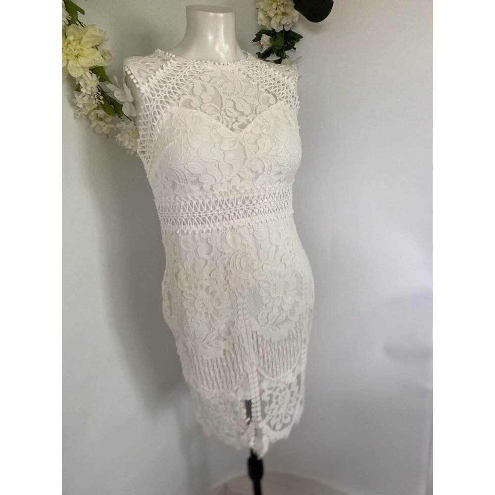 Shein White‎ Crochet Lace Dress Sleeveless Sheer Lined Sz M Fits Like XS Bridal